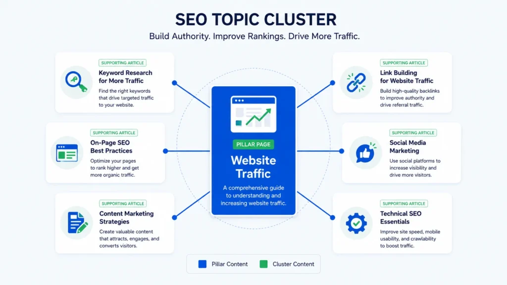 How to Improve Website Traffic (15 Proven SEO Strategies) seo topic cluster diagram